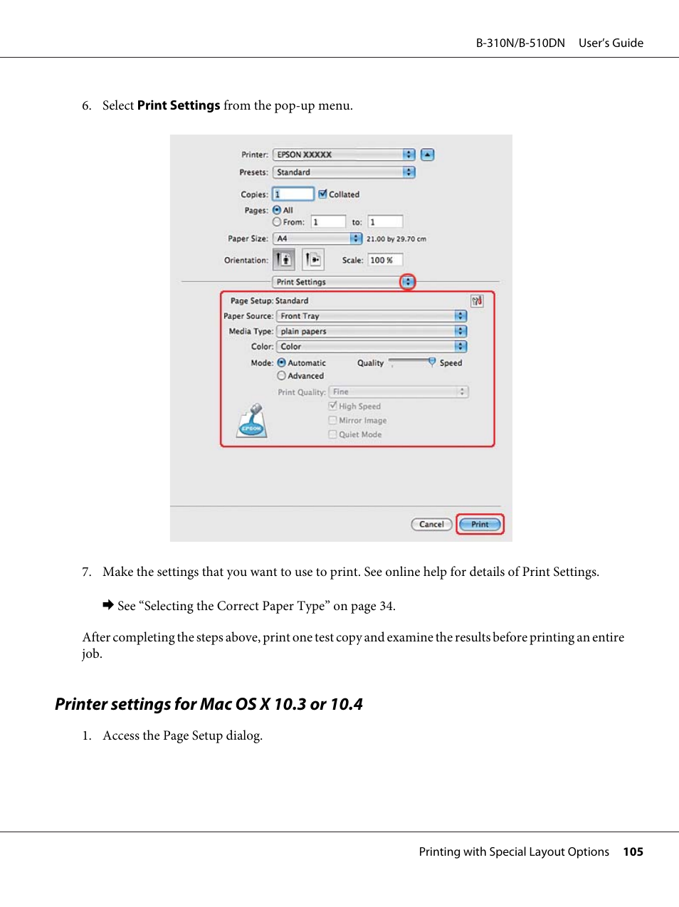 Printer settings for mac os x 10.3 or 10.4 | Epson B 510DN User Manual | Page 105 / 218