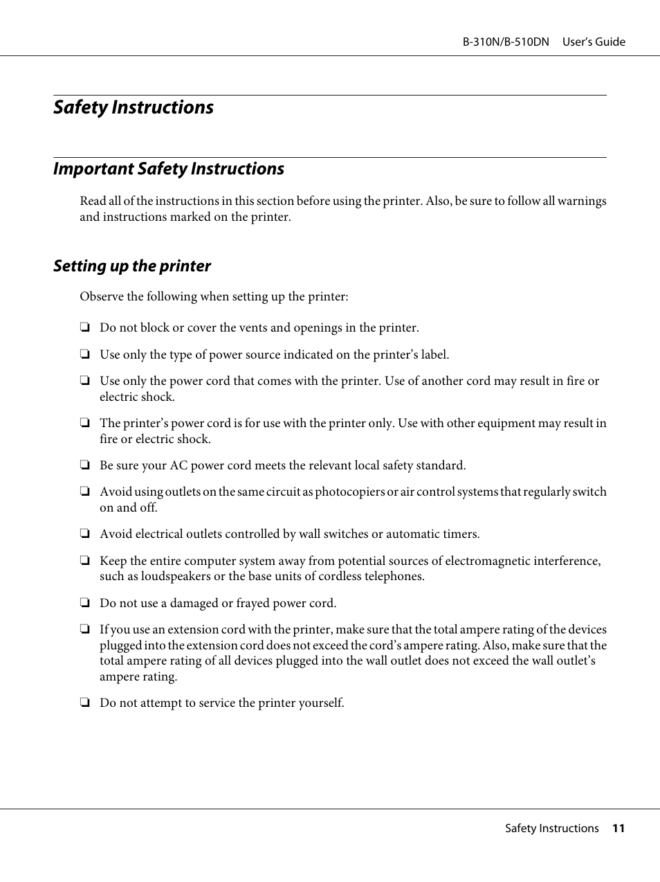 Safety instructions, Important safety instructions, Setting up the printer | Epson B 510DN User Manual | Page 11 / 218