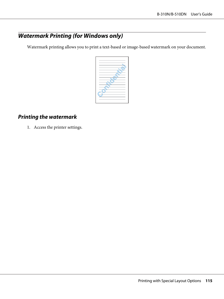 Watermark printing (for windows only), Printing the watermark | Epson B 510DN User Manual | Page 115 / 218