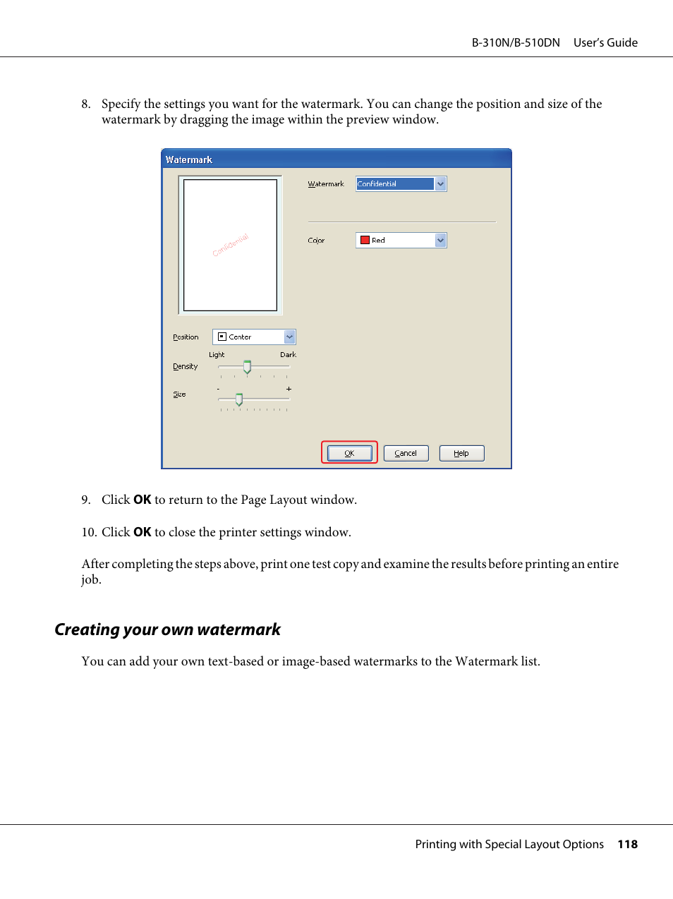 Creating your own watermark | Epson B 510DN User Manual | Page 118 / 218