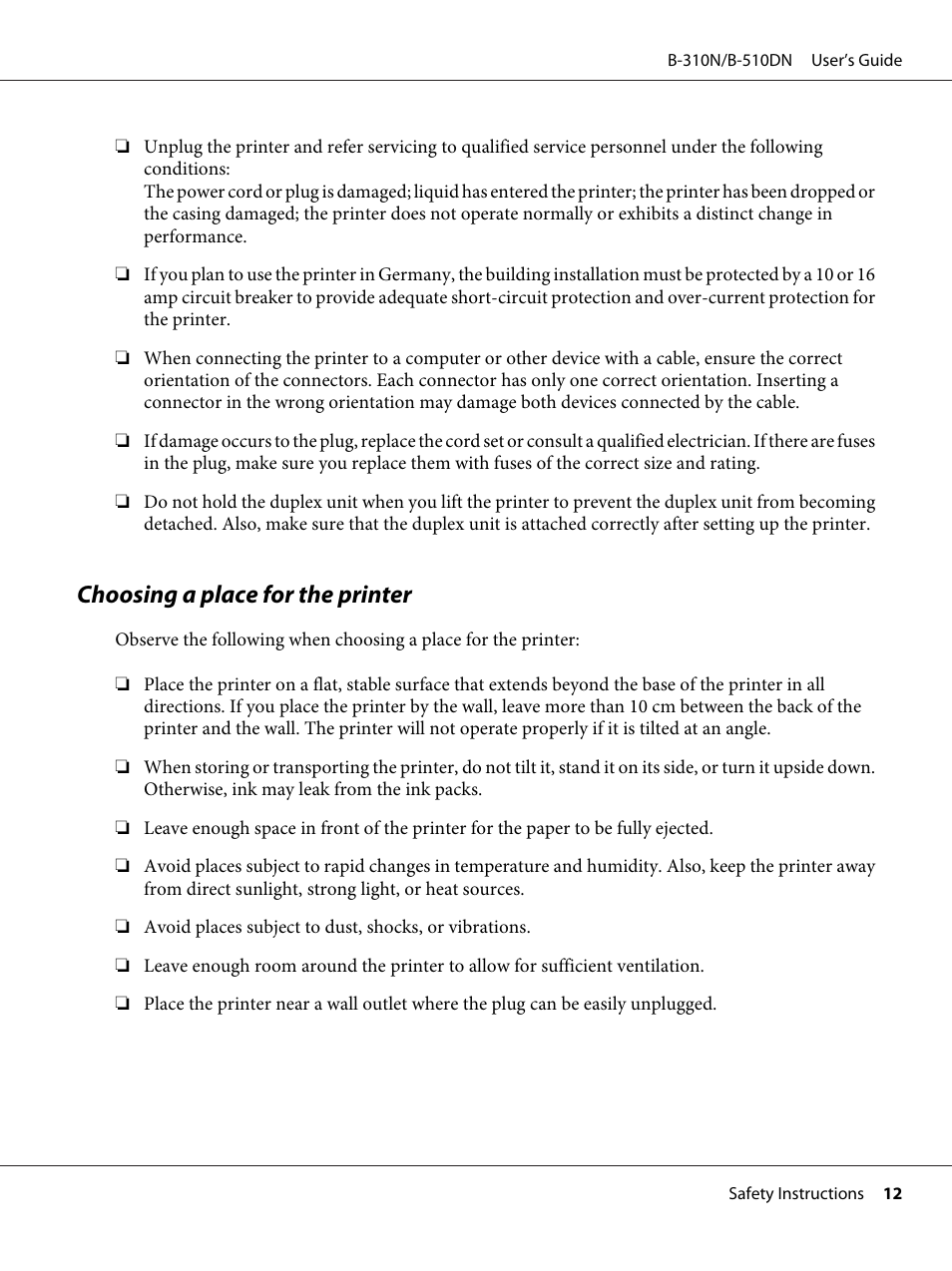 Choosing a place for the printer | Epson B 510DN User Manual | Page 12 / 218