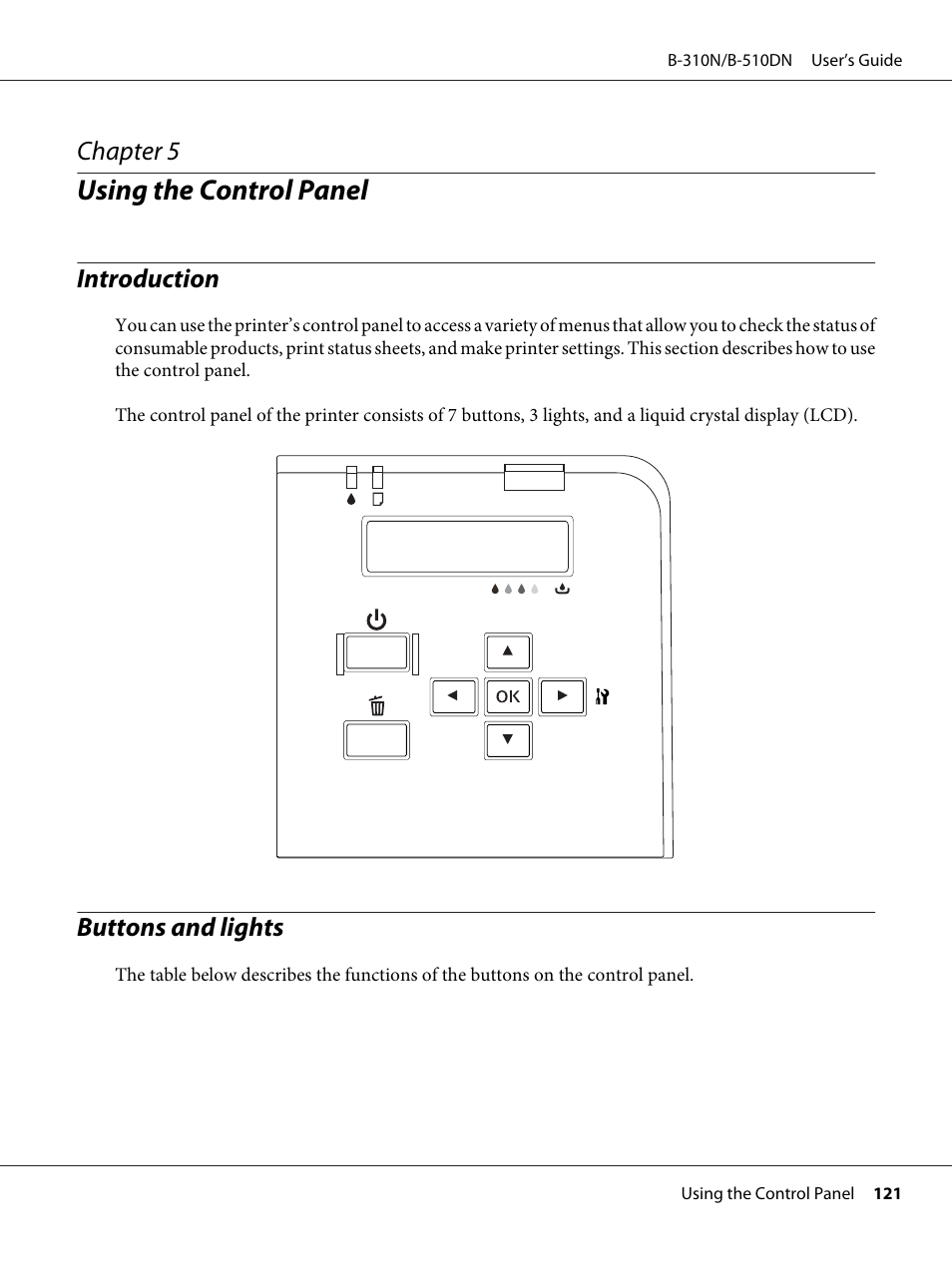 Using the control panel, Introduction, Buttons and lights | Chapter 5 using the control panel, Introduction buttons and lights, Chapter 5 | Epson B 510DN User Manual | Page 121 / 218