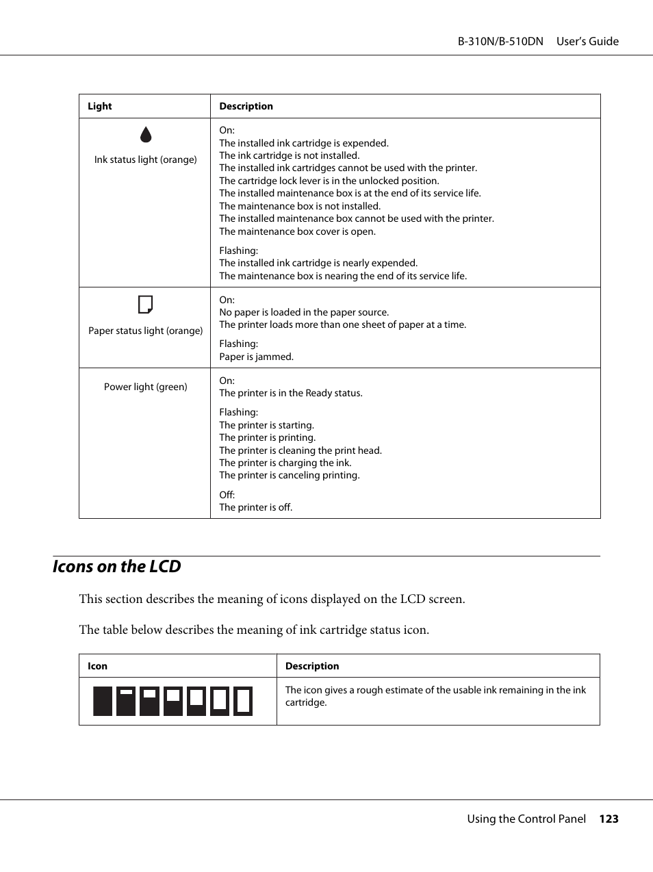 Icons on the lcd | Epson B 510DN User Manual | Page 123 / 218