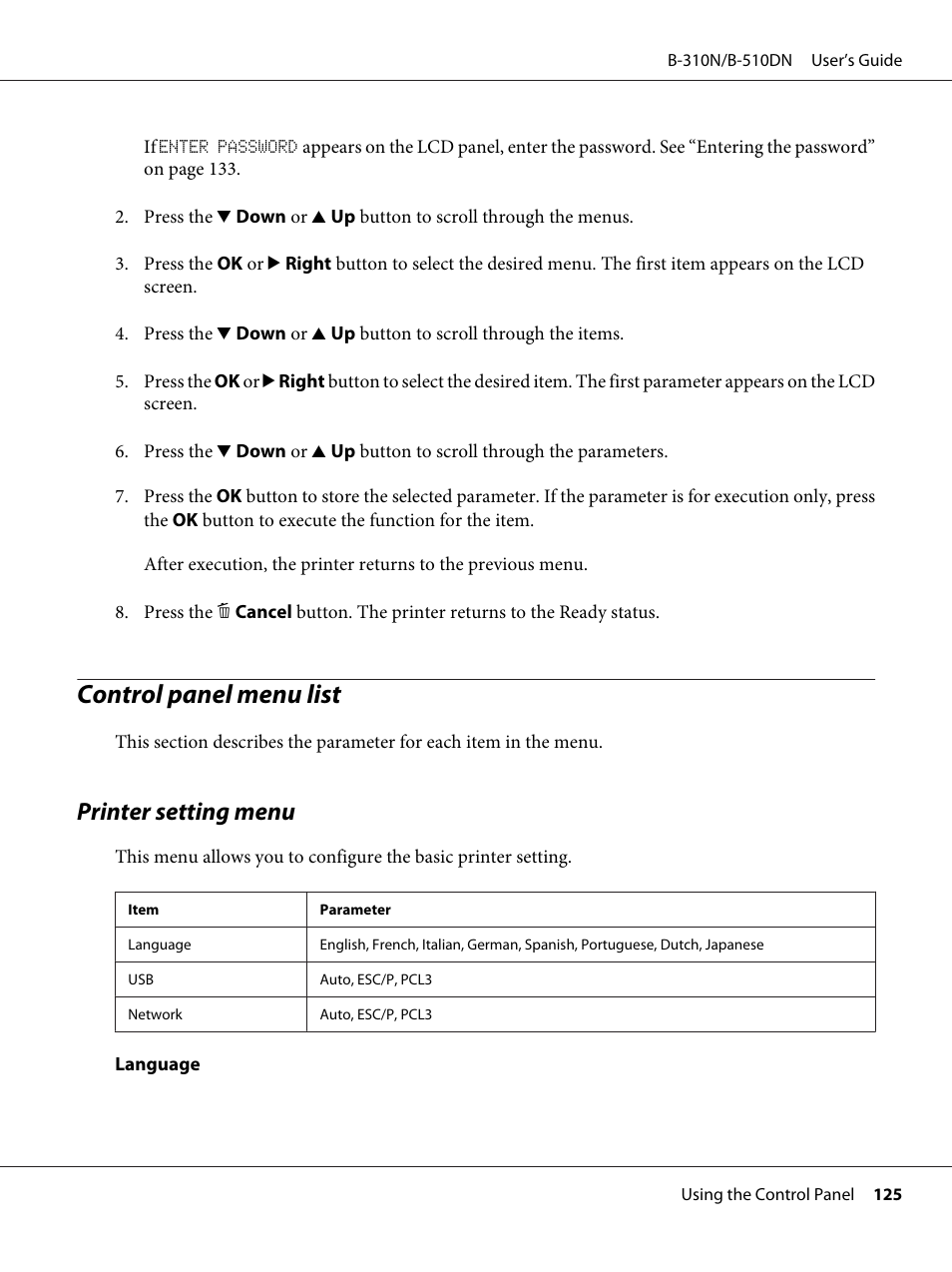 Control panel menu list, Printer setting menu | Epson B 510DN User Manual | Page 125 / 218