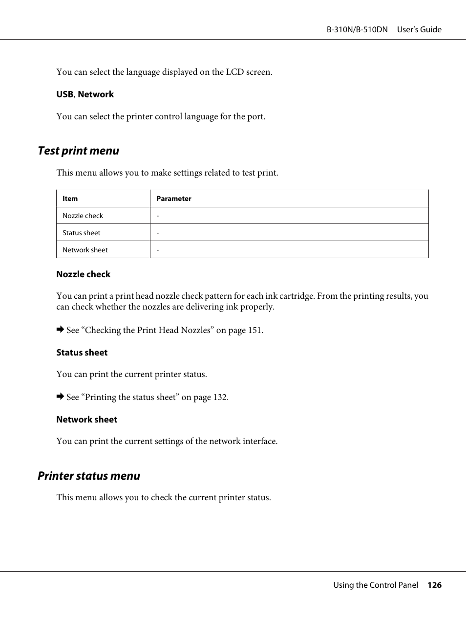 Test print menu, Printer status menu, Test print menu printer status menu | Epson B 510DN User Manual | Page 126 / 218