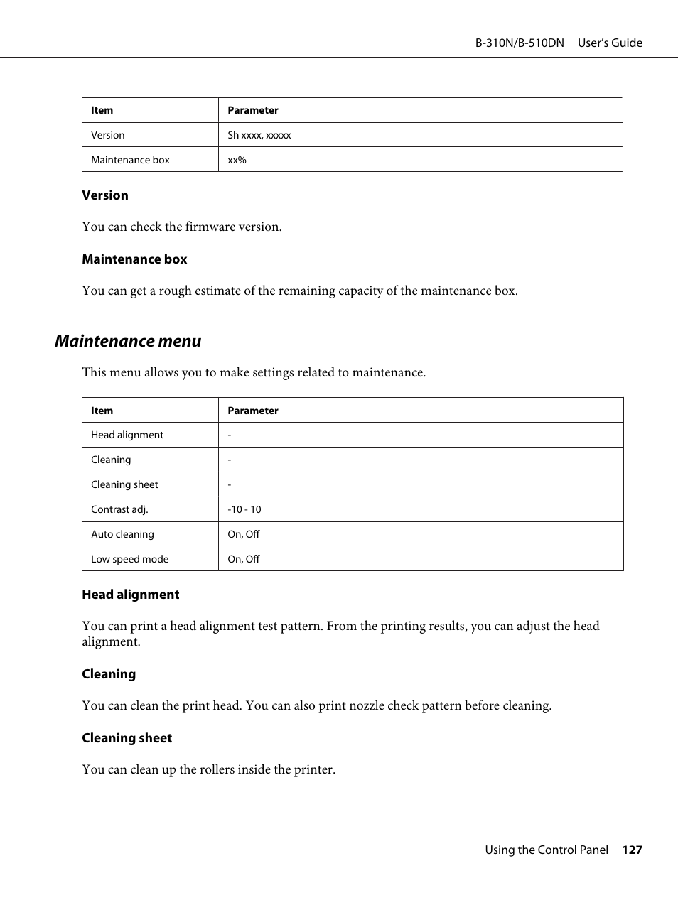 Maintenance menu | Epson B 510DN User Manual | Page 127 / 218