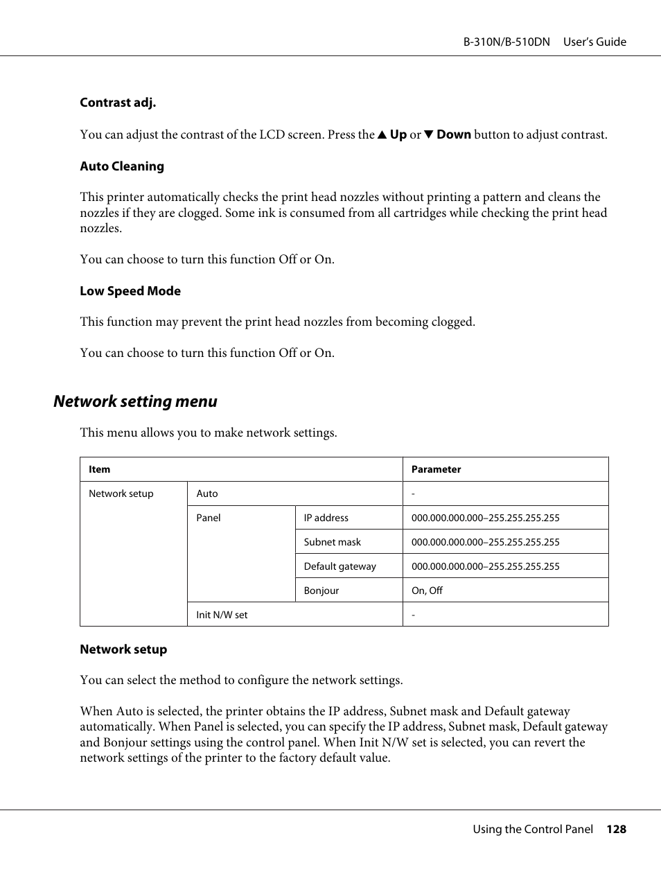 Network setting menu | Epson B 510DN User Manual | Page 128 / 218