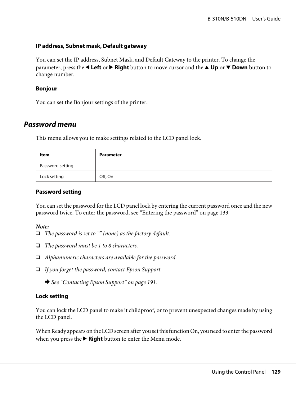 Password menu | Epson B 510DN User Manual | Page 129 / 218