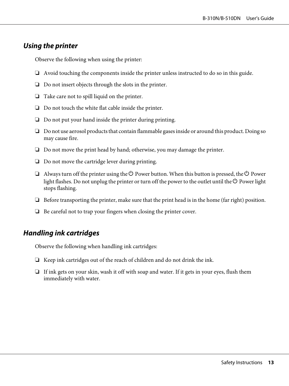 Using the printer, Handling ink cartridges, Using the printer handling ink cartridges | Epson B 510DN User Manual | Page 13 / 218