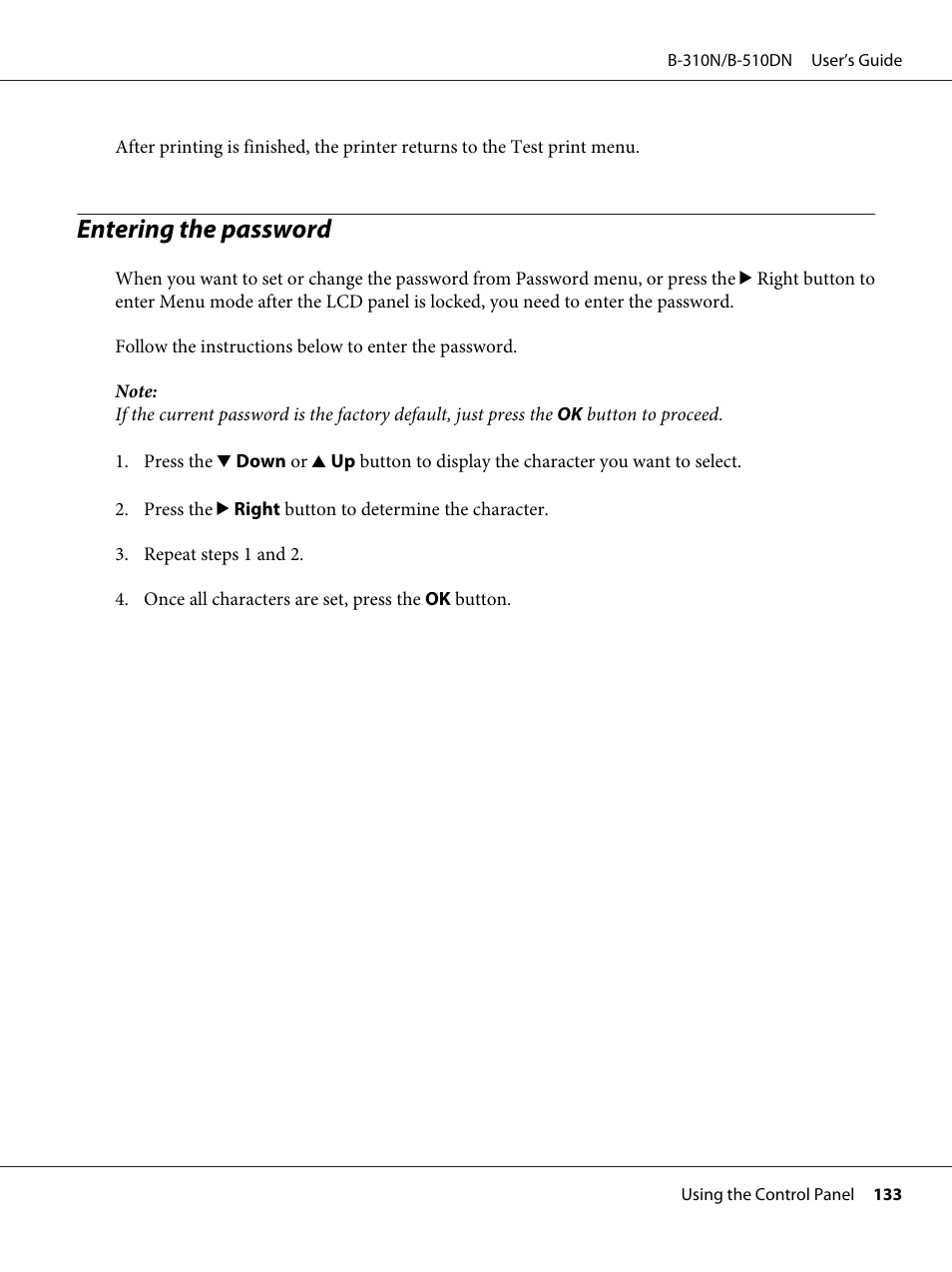 Entering the password | Epson B 510DN User Manual | Page 133 / 218