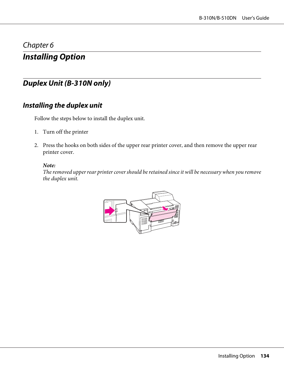 Installing option, Duplex unit (b-310n only), Installing the duplex unit | Chapter 6 installing option, Chapter 6 | Epson B 510DN User Manual | Page 134 / 218