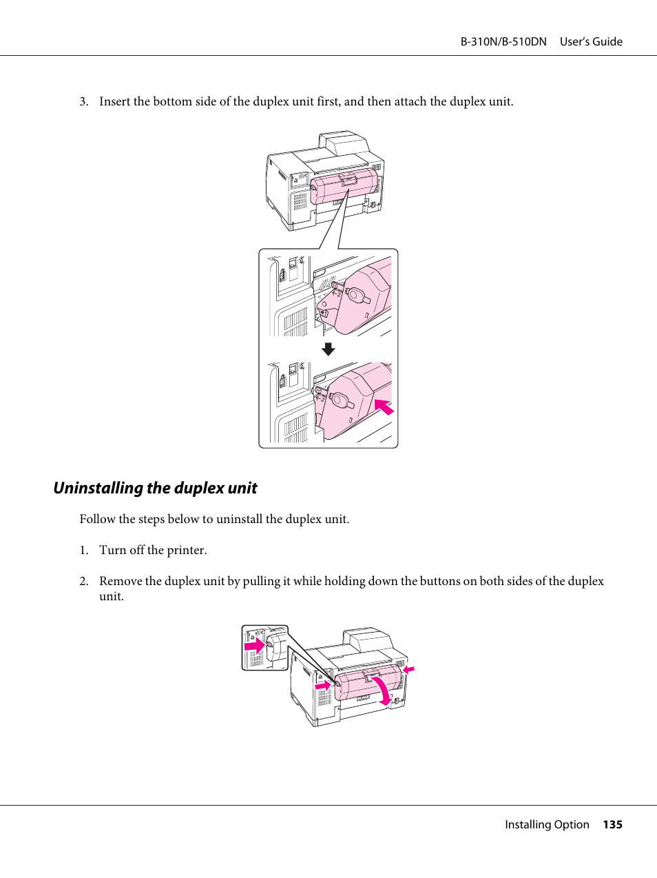 Uninstalling the duplex unit | Epson B 510DN User Manual | Page 135 / 218