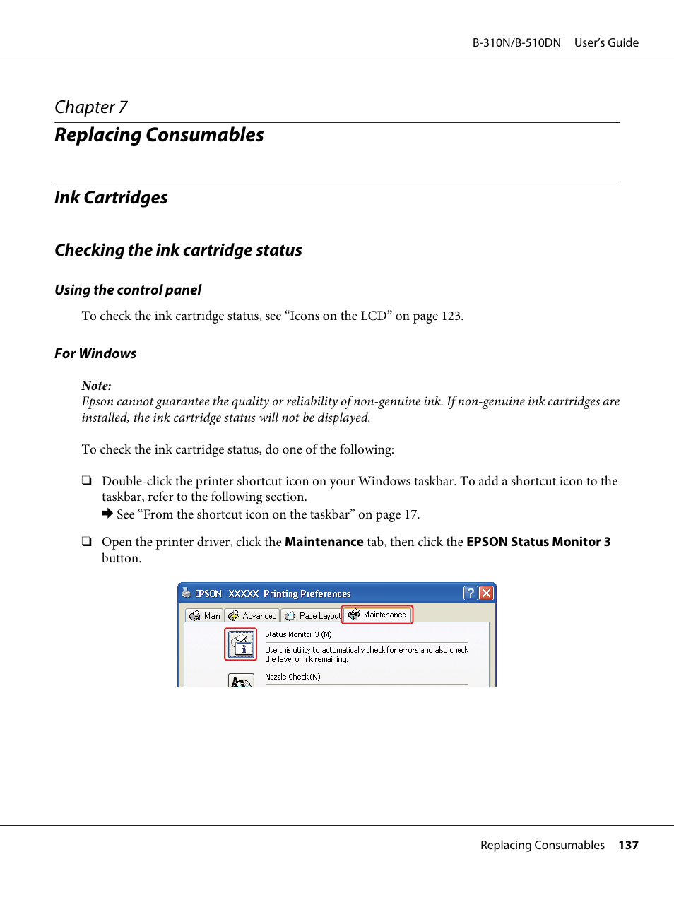 Replacing consumables, Ink cartridges, Checking the ink cartridge status | Chapter 7 replacing consumables, Chapter 7 | Epson B 510DN User Manual | Page 137 / 218