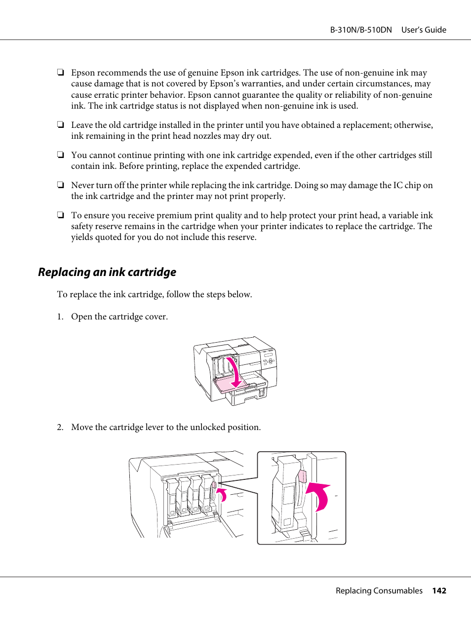 Replacing an ink cartridge, See “replacing an ink cartridge” on | Epson B 510DN User Manual | Page 142 / 218
