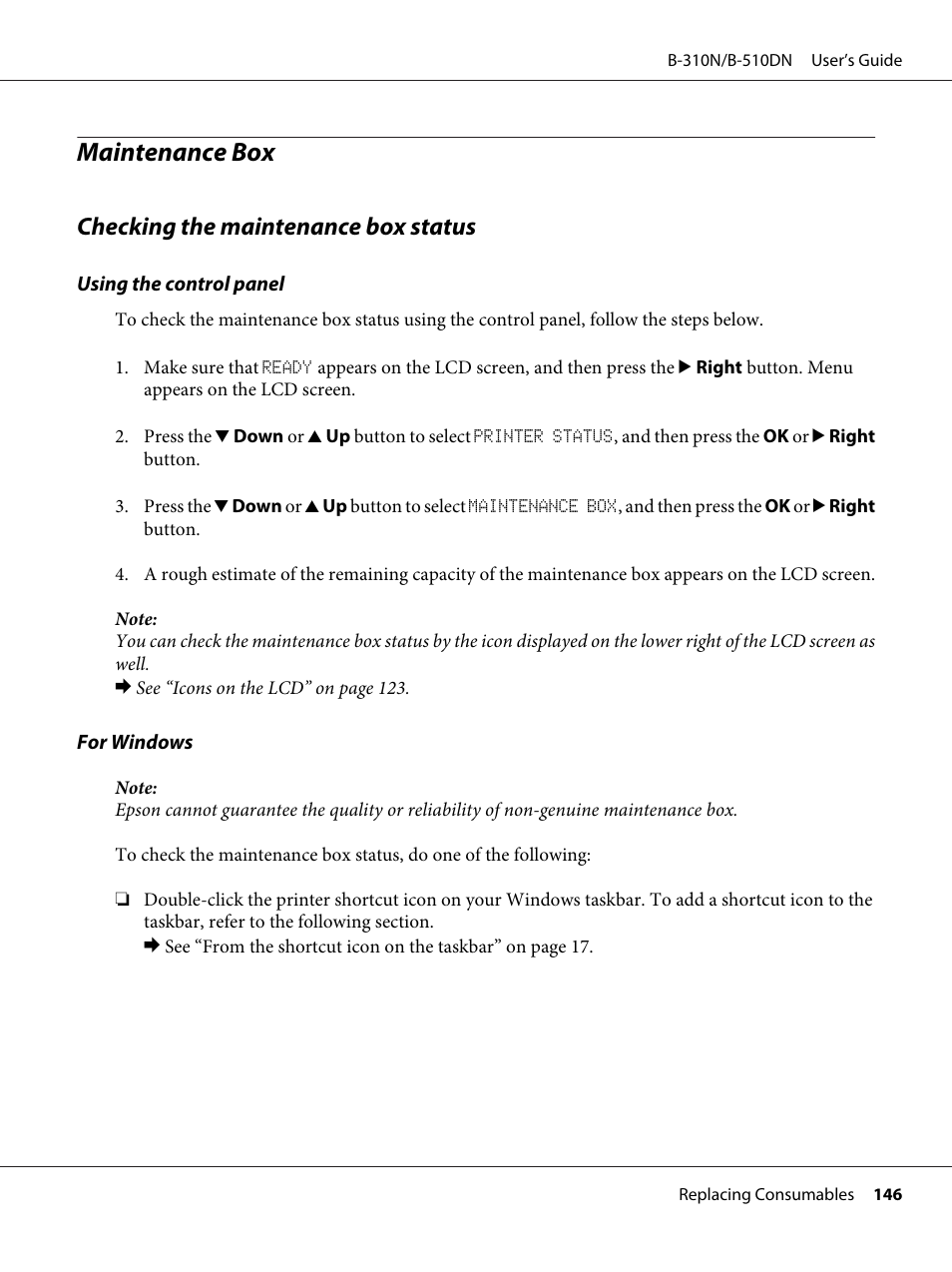Maintenance box, Checking the maintenance box status | Epson B 510DN User Manual | Page 146 / 218