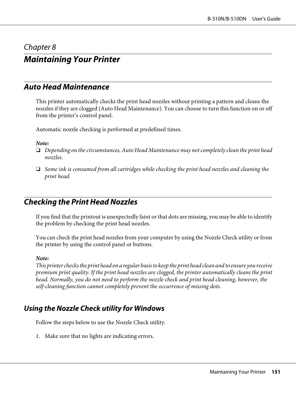 Maintaining your printer, Auto head maintenance, Checking the print head nozzles | Using the nozzle check utility for windows, Chapter 8 maintaining your printer, See “checking the print head nozzles, Chapter 8 | Epson B 510DN User Manual | Page 151 / 218