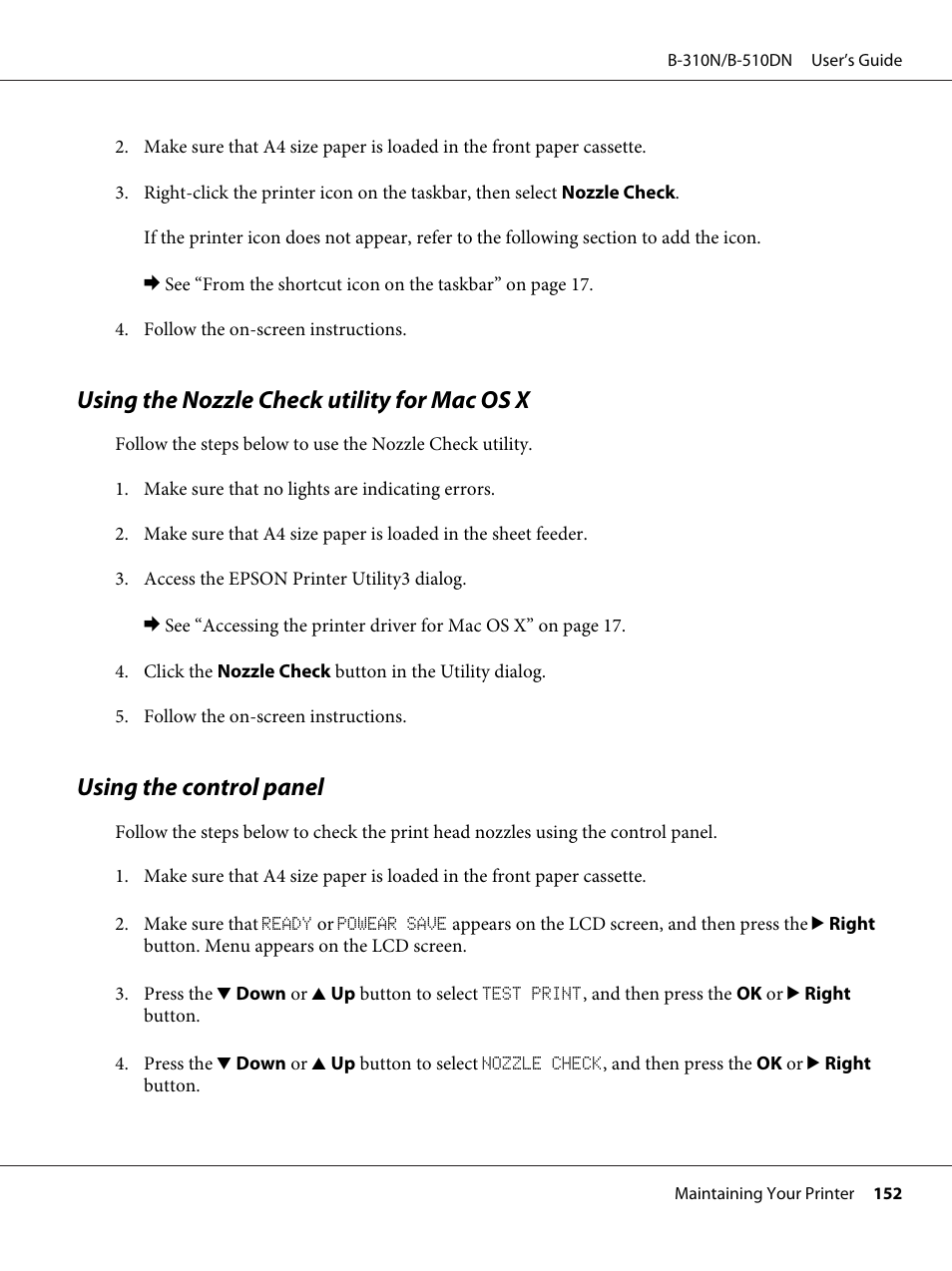 Using the nozzle check utility for mac os x, Using the control panel | Epson B 510DN User Manual | Page 152 / 218