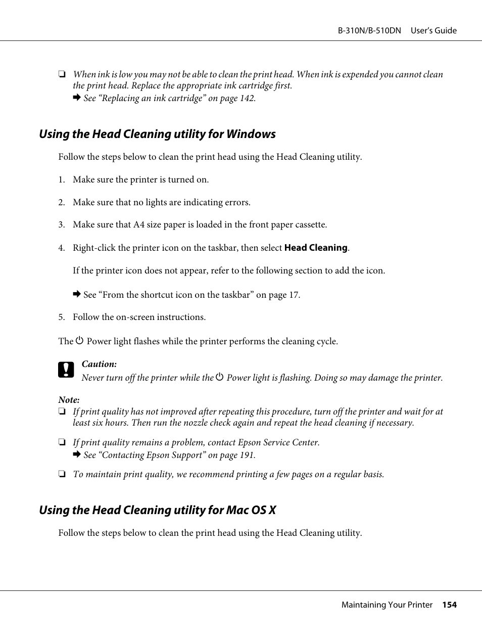 Using the head cleaning utility for windows, Using the head cleaning utility for mac os x | Epson B 510DN User Manual | Page 154 / 218