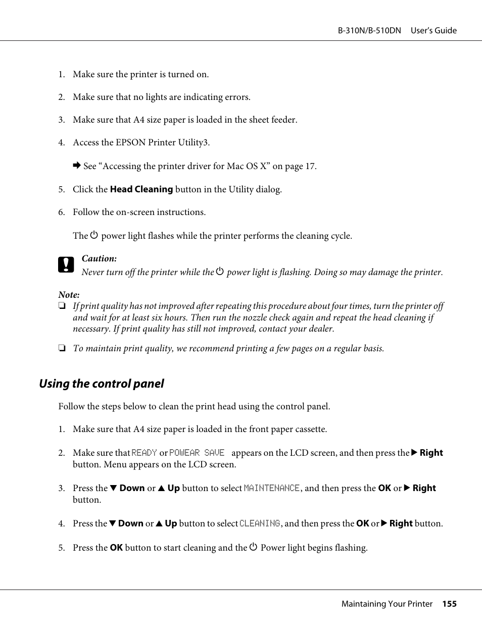 Using the control panel | Epson B 510DN User Manual | Page 155 / 218