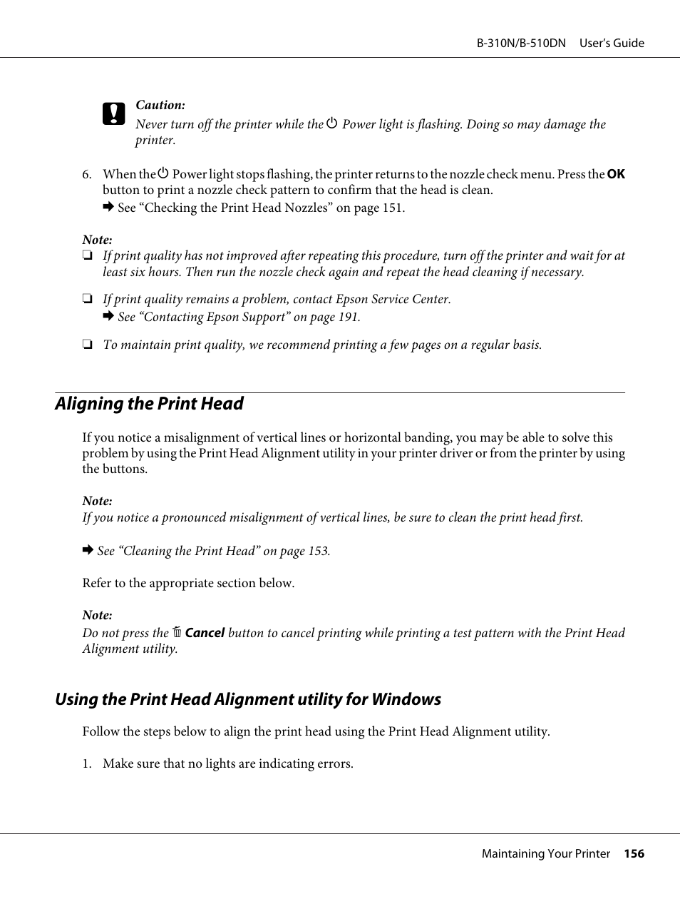 Aligning the print head, Using the print head alignment utility for windows | Epson B 510DN User Manual | Page 156 / 218