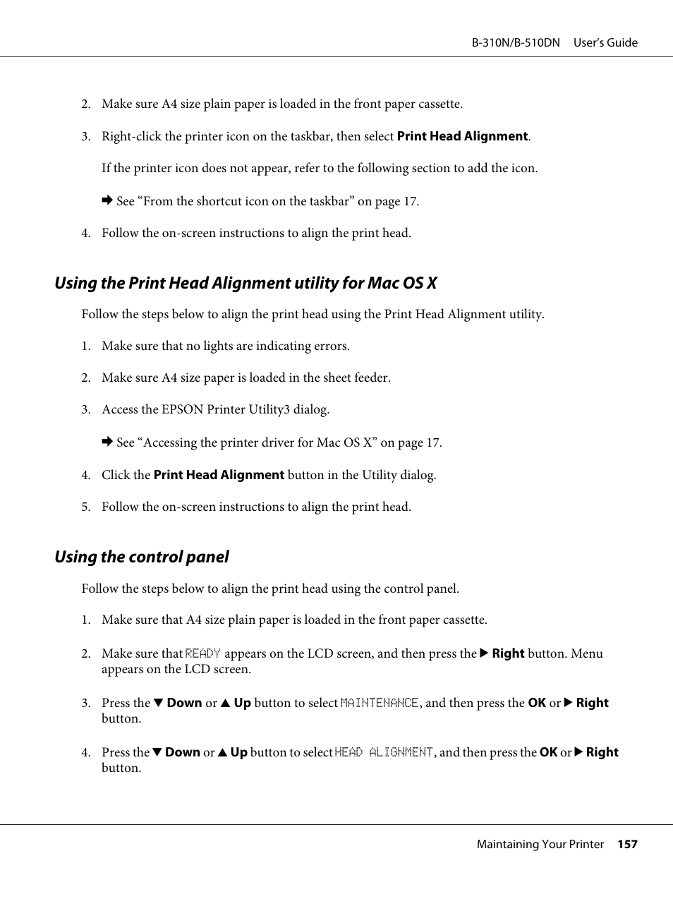 Using the control panel | Epson B 510DN User Manual | Page 157 / 218