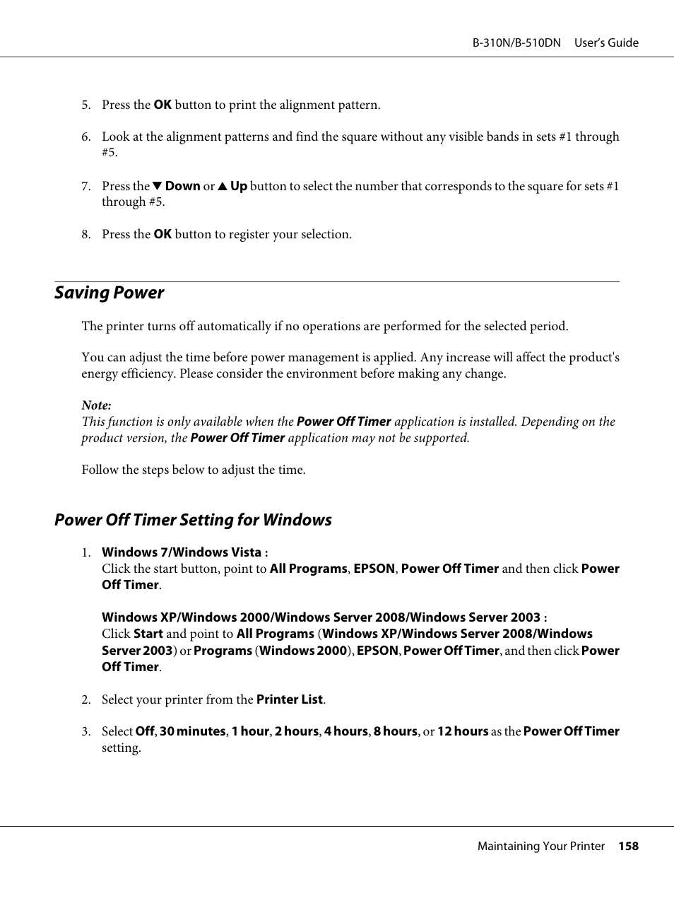 Saving power, Power off timer setting for windows | Epson B 510DN User Manual | Page 158 / 218