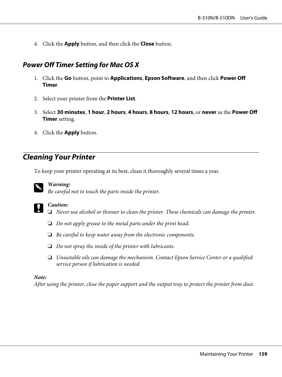 Power off timer setting for mac os x, Cleaning your printer | Epson B 510DN User Manual | Page 159 / 218
