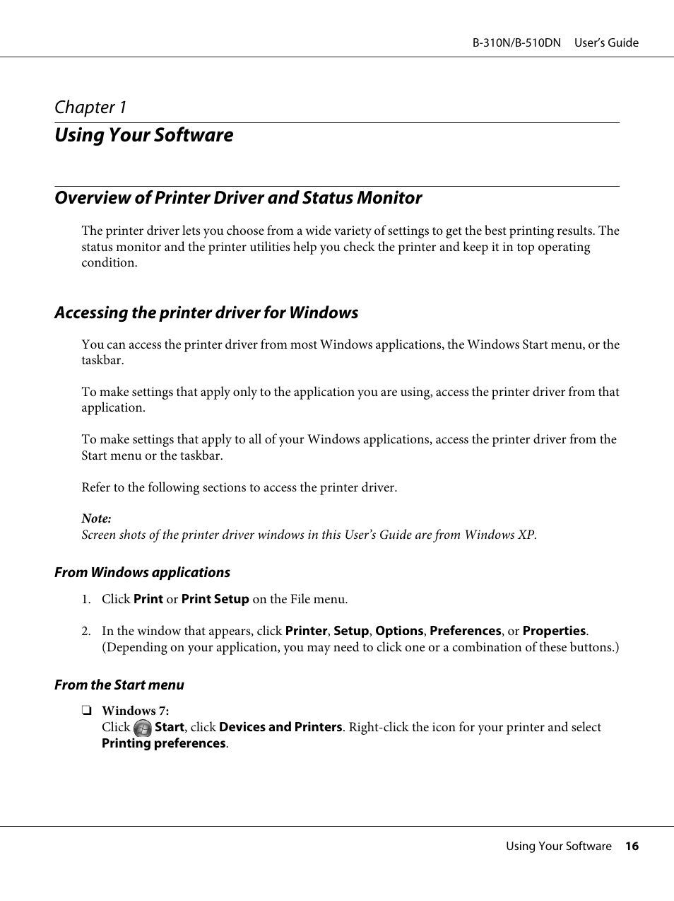 Using your software, Overview of printer driver and status monitor, Accessing the printer driver for windows | Chapter 1 using your software, Chapter 1 | Epson B 510DN User Manual | Page 16 / 218