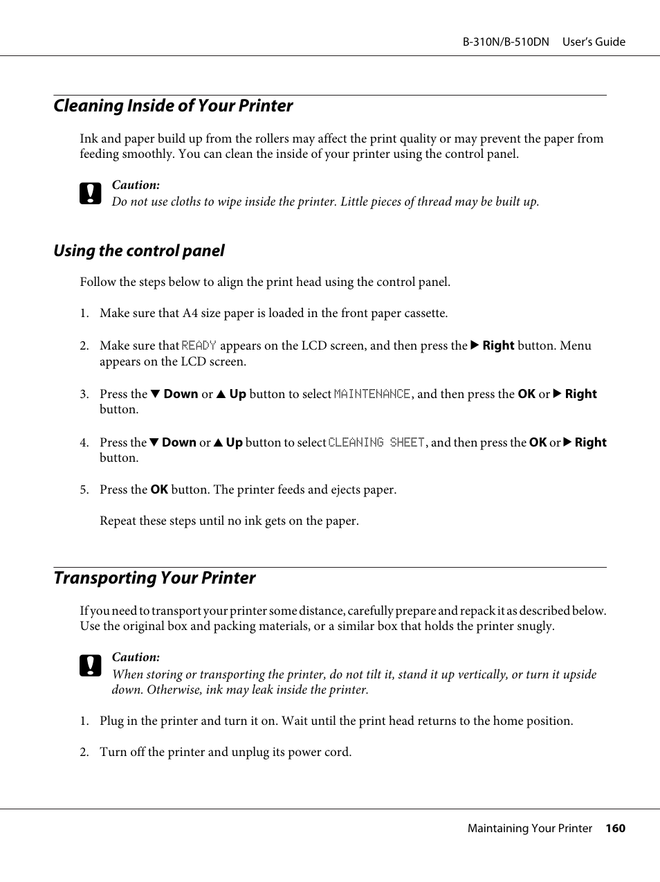 Cleaning inside of your printer, Using the control panel, Transporting your printer | Epson B 510DN User Manual | Page 160 / 218