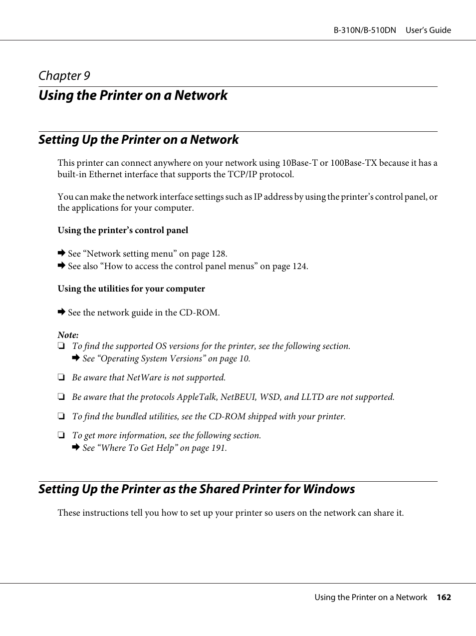 Using the printer on a network, Setting up the printer on a network, Chapter 9 using the printer on a network | Chapter 9 | Epson B 510DN User Manual | Page 162 / 218