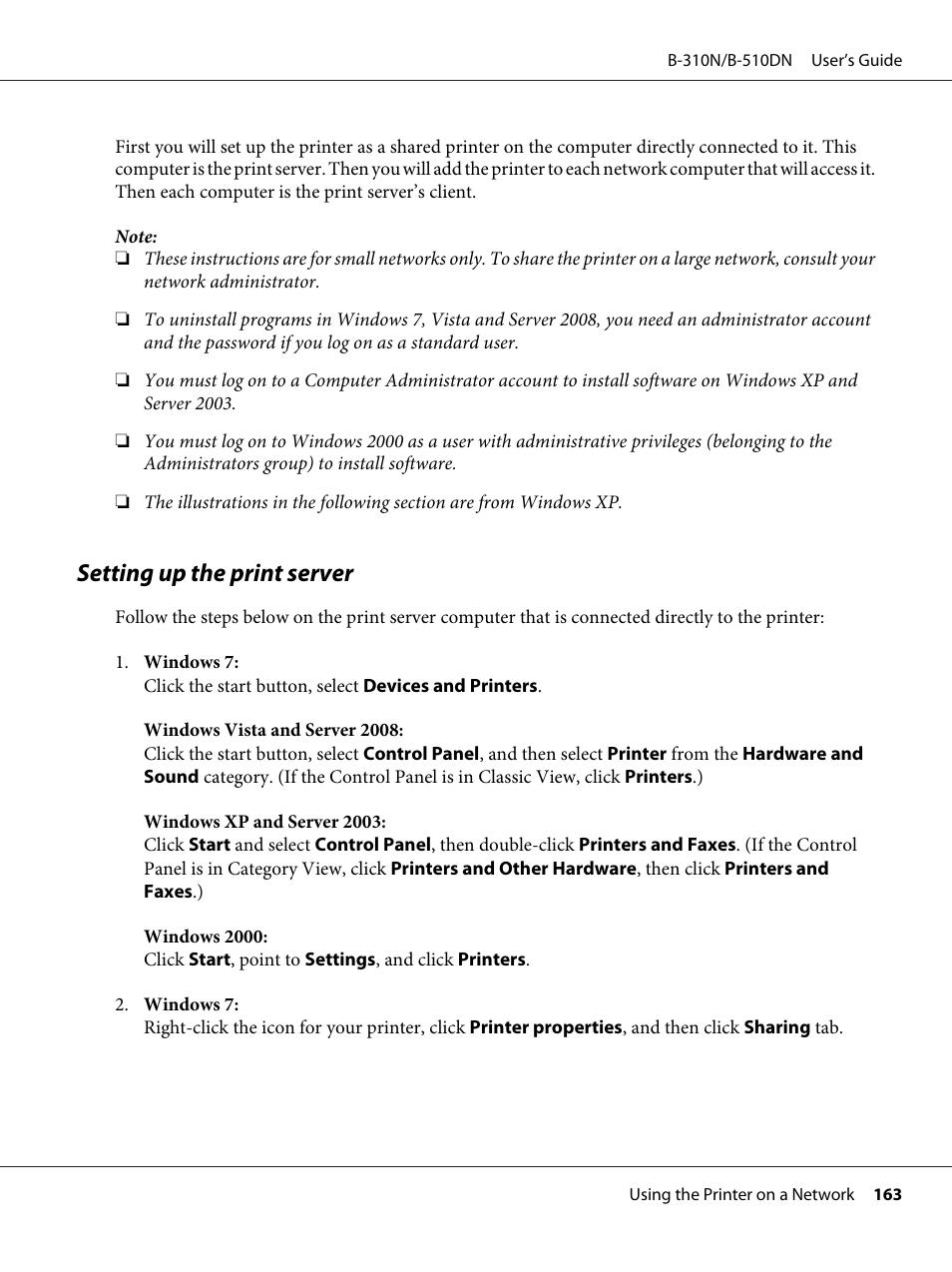Setting up the print server | Epson B 510DN User Manual | Page 163 / 218