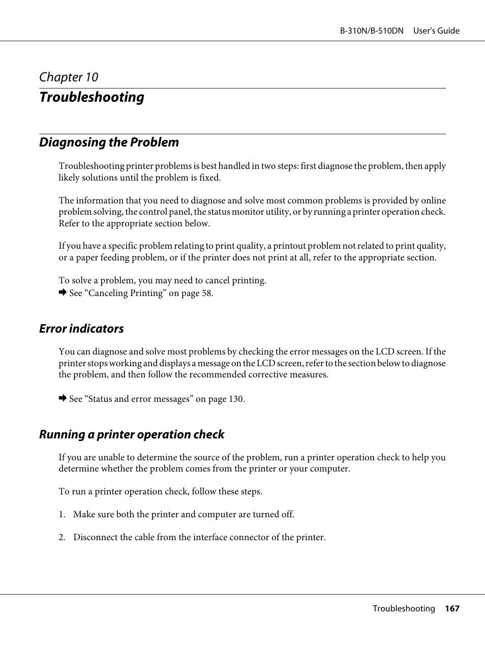 Troubleshooting, Diagnosing the problem, Error indicators | Running a printer operation check, Chapter 10 troubleshooting, Error indicators running a printer operation check, Chapter 10 | Epson B 510DN User Manual | Page 167 / 218