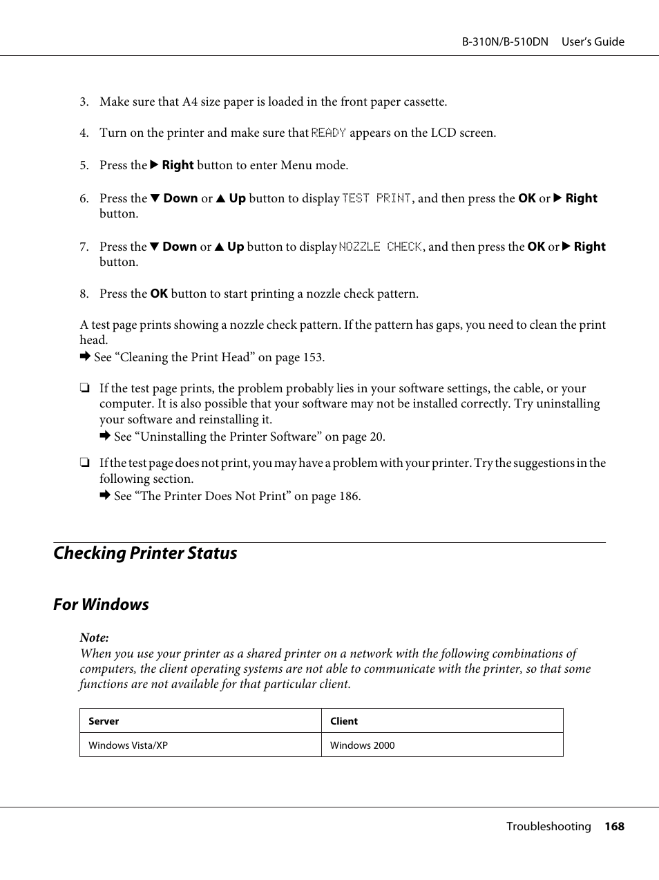 Checking printer status, For windows | Epson B 510DN User Manual | Page 168 / 218