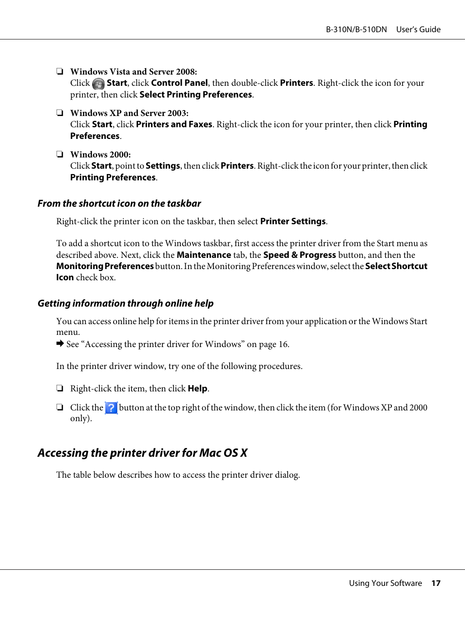 Accessing the printer driver for mac os x | Epson B 510DN User Manual | Page 17 / 218