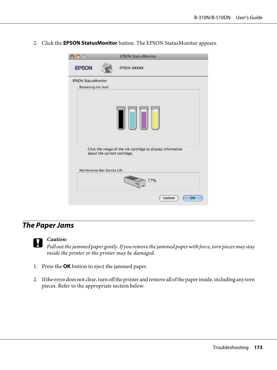 The paper jams | Epson B 510DN User Manual | Page 173 / 218