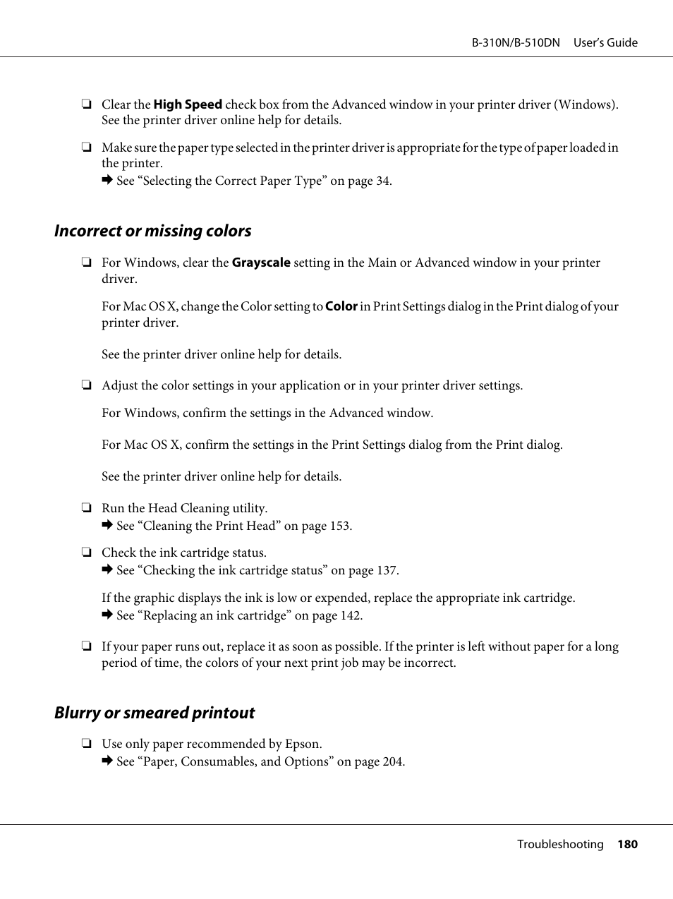 Incorrect or missing colors, Blurry or smeared printout | Epson B 510DN User Manual | Page 180 / 218