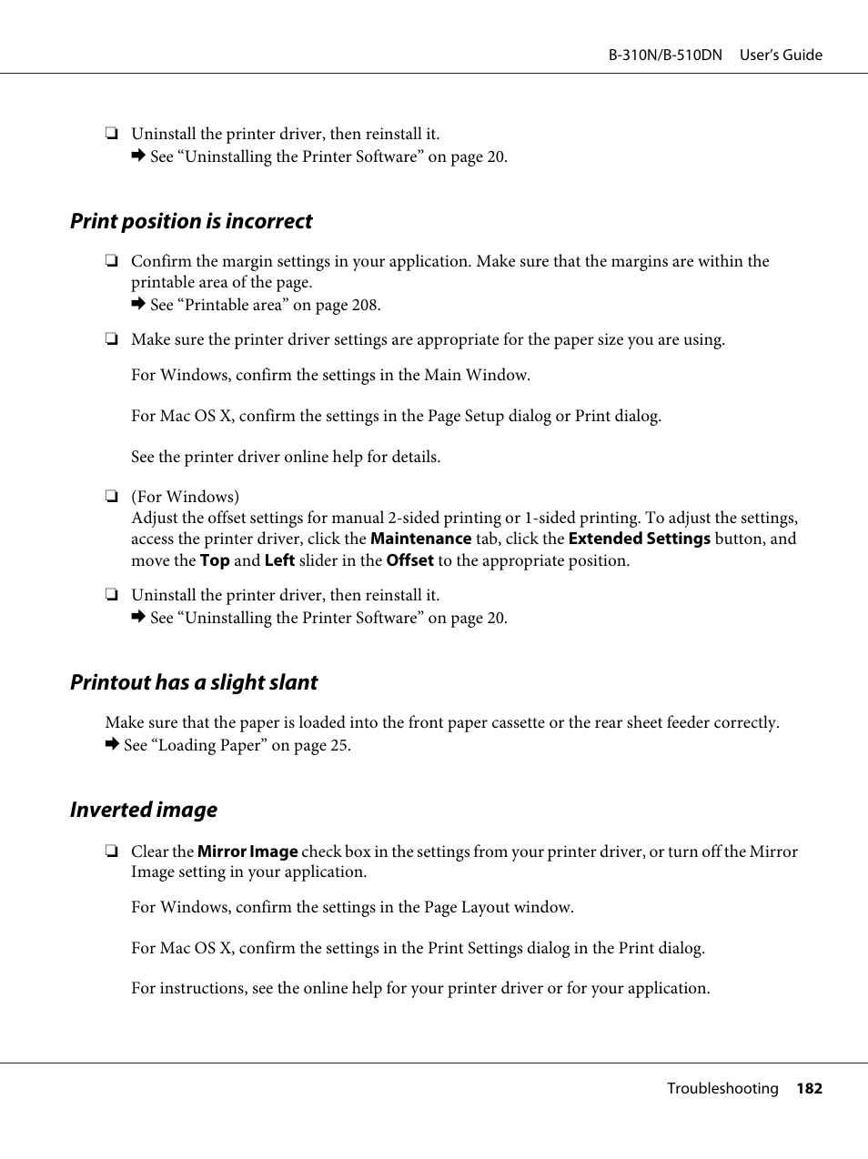 Print position is incorrect, Printout has a slight slant, Inverted image | Epson B 510DN User Manual | Page 182 / 218