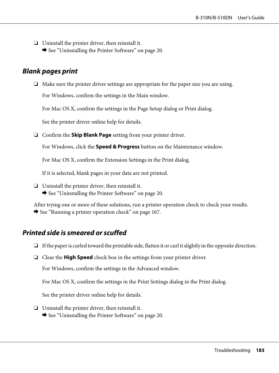 Printed side is smeared or scuffed, Blank pages print | Epson B 510DN User Manual | Page 183 / 218