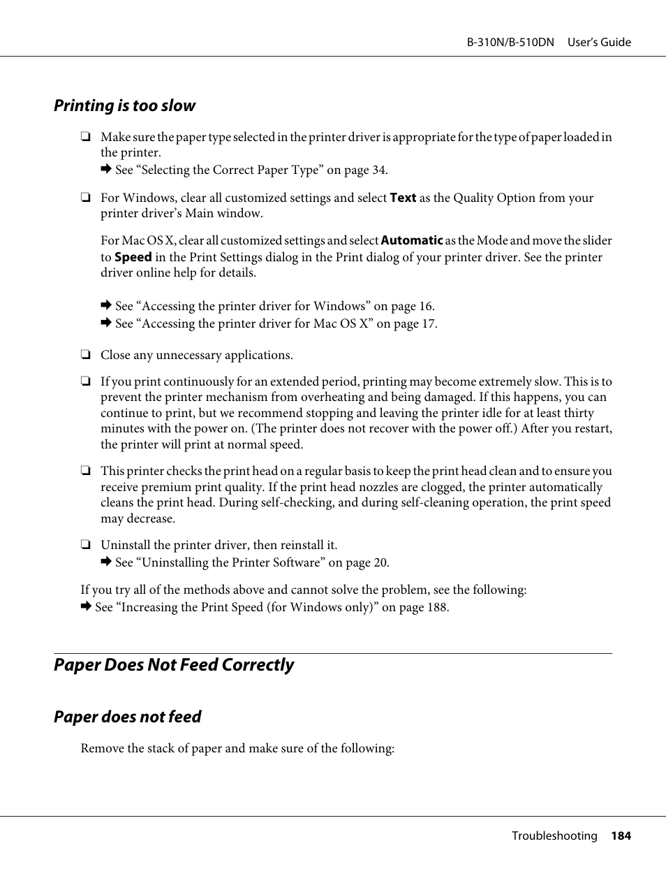 Printing is too slow, Paper does not feed correctly, Paper does not feed | Epson B 510DN User Manual | Page 184 / 218