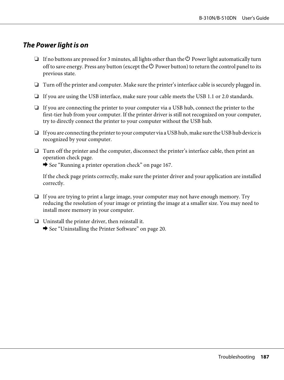 The power light is on | Epson B 510DN User Manual | Page 187 / 218