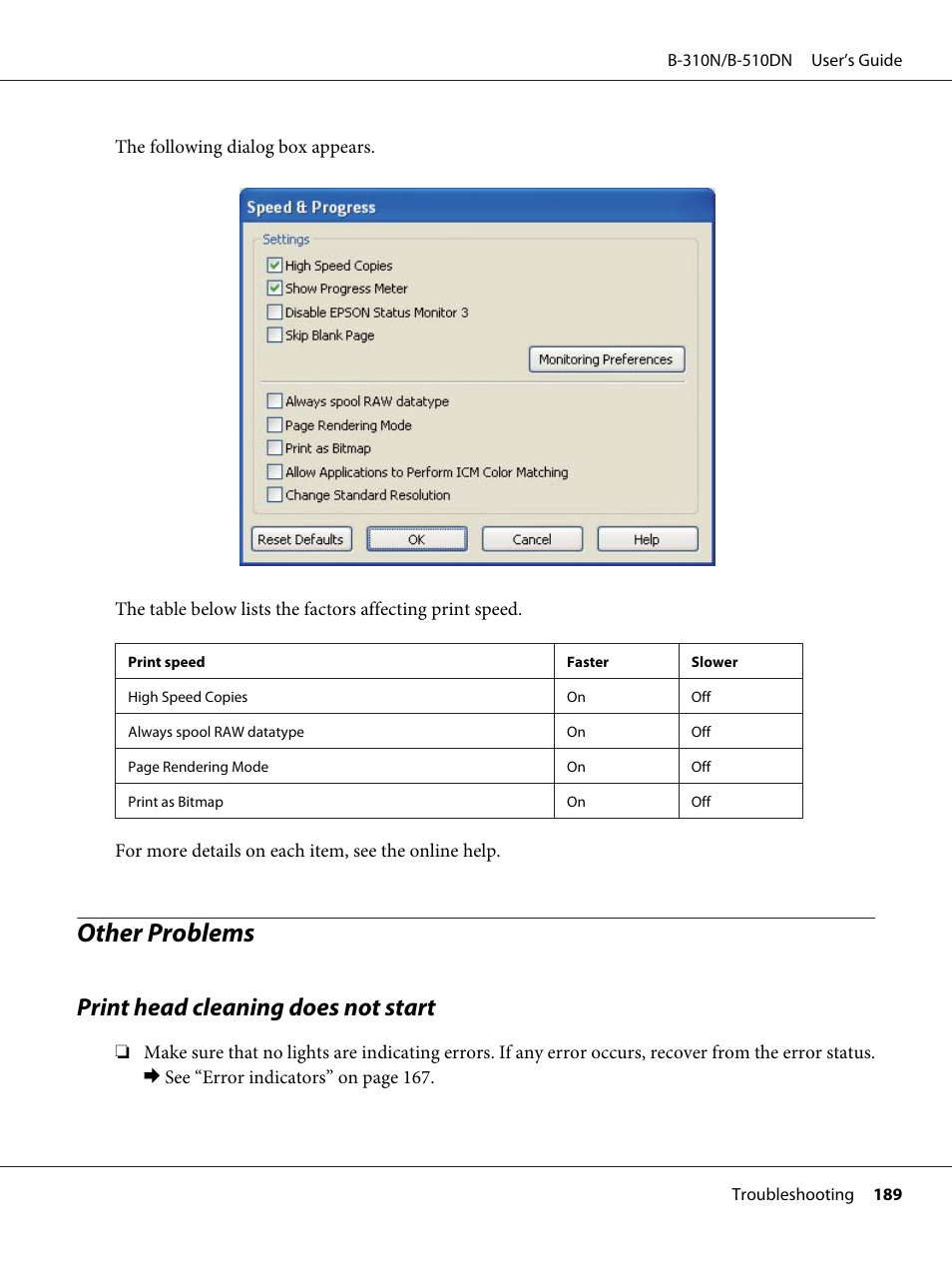 Other problems, Print head cleaning does not start | Epson B 510DN User Manual | Page 189 / 218