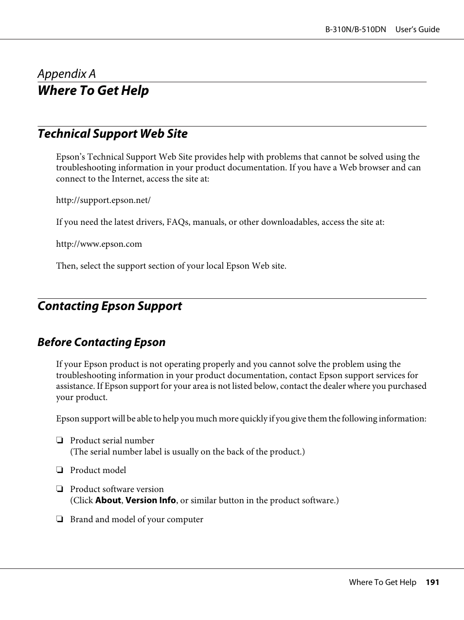 Where to get help, Technical support web site, Contacting epson support | Before contacting epson, Appendix a where to get help, See “contacting epson support” on, Appendix a | Epson B 510DN User Manual | Page 191 / 218