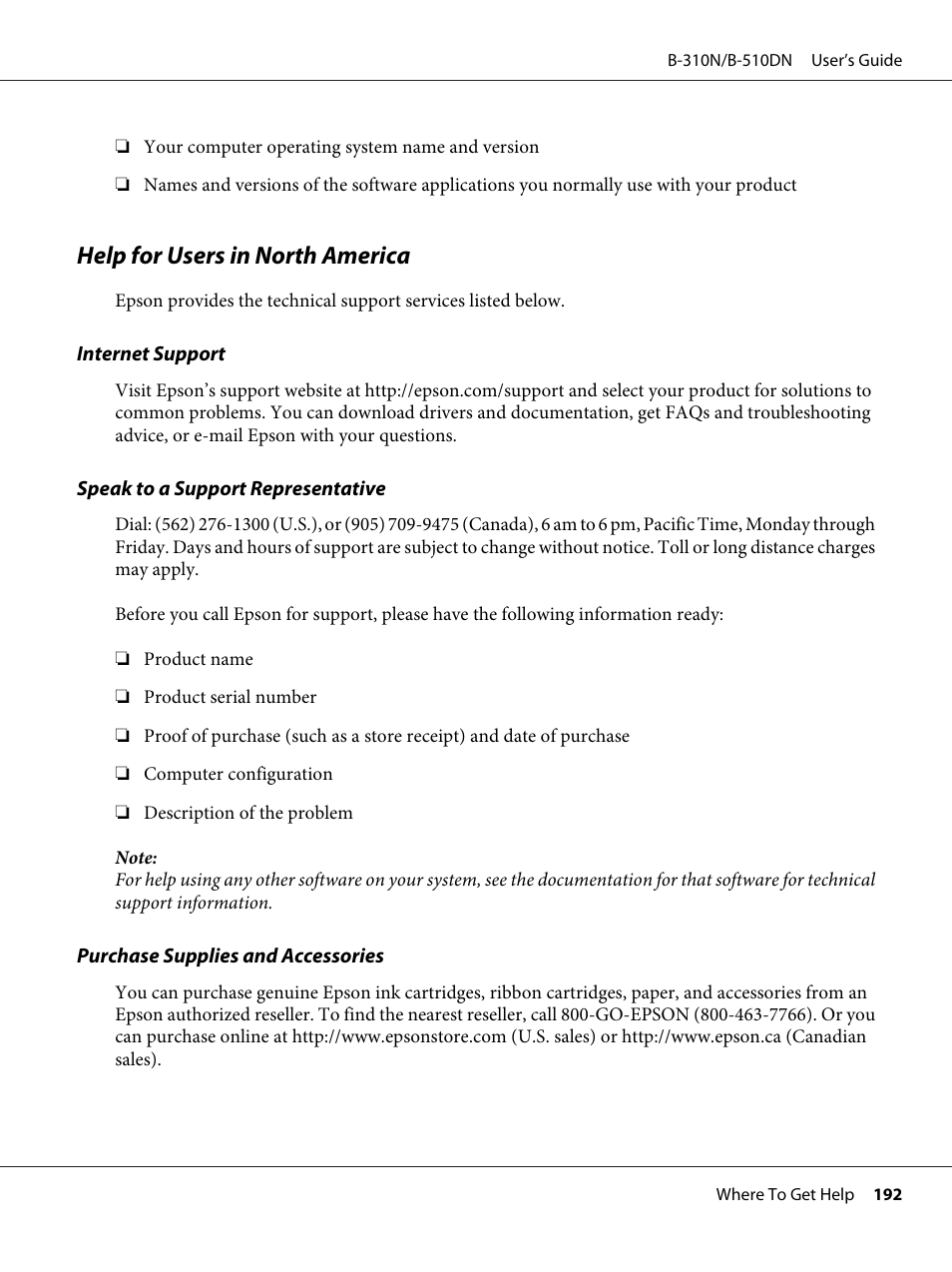 Help for users in north america | Epson B 510DN User Manual | Page 192 / 218