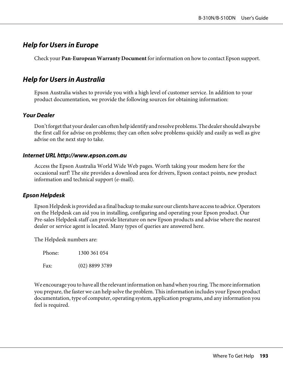 Help for users in europe, Help for users in australia | Epson B 510DN User Manual | Page 193 / 218