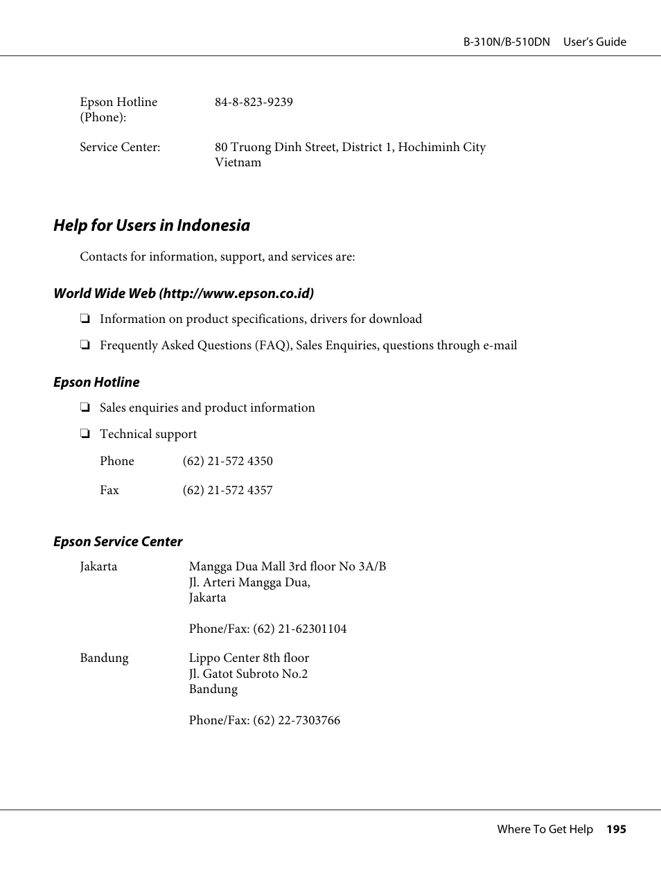 Help for users in indonesia | Epson B 510DN User Manual | Page 195 / 218