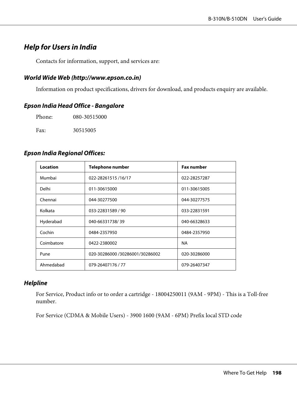 Help for users in india, Epson india head office - bangalore, Epson india regional offices | Helpline | Epson B 510DN User Manual | Page 198 / 218