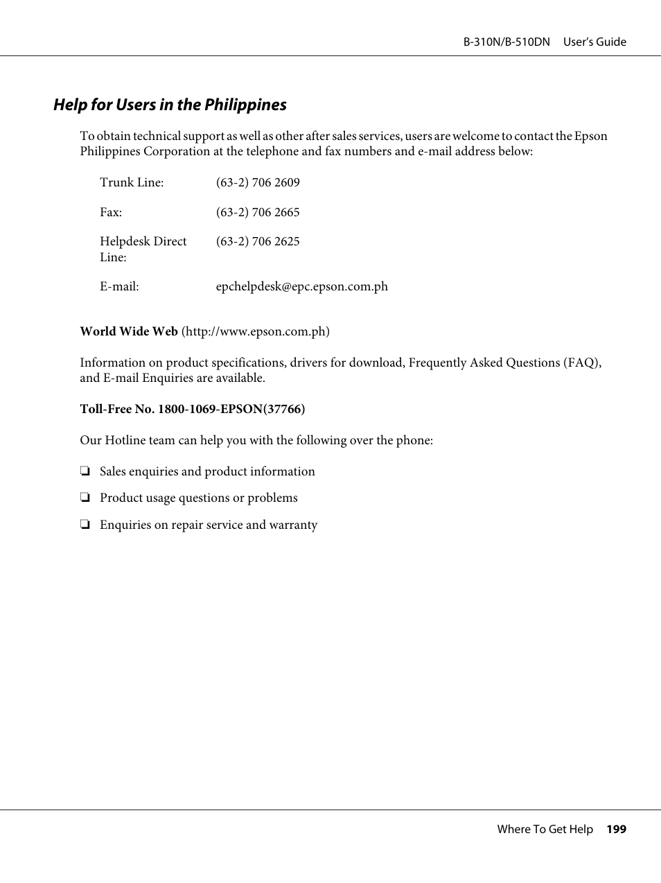 Help for users in the philippines | Epson B 510DN User Manual | Page 199 / 218
