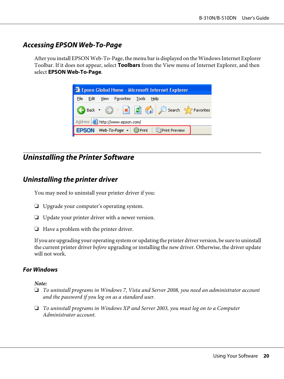 Uninstalling the printer software, Uninstalling the printer driver, Accessing epson web-to-page | Epson B 510DN User Manual | Page 20 / 218