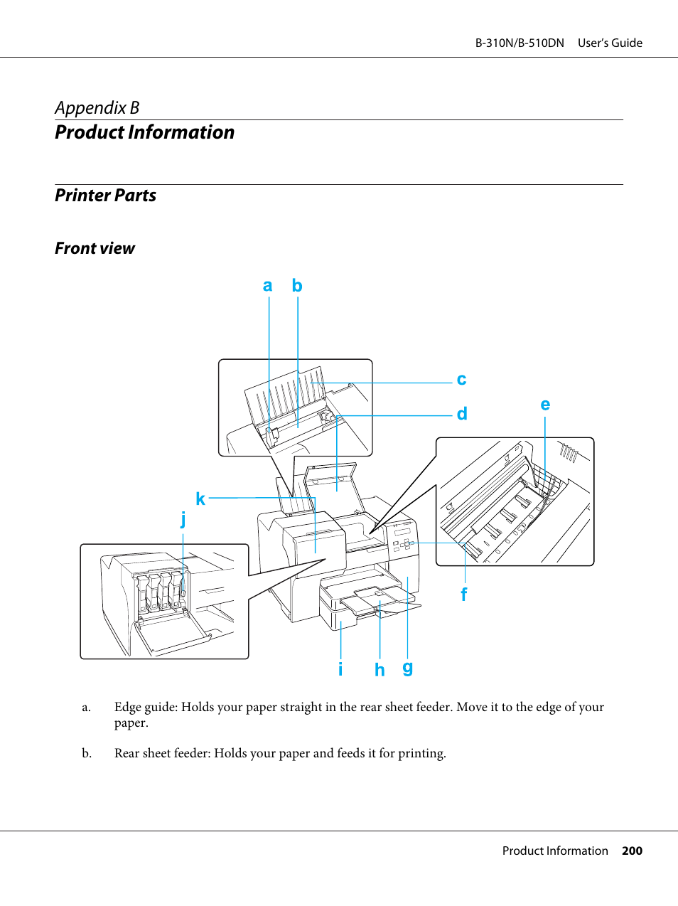 Product information, Printer parts, Front view | Appendix b product information, Appendix b | Epson B 510DN User Manual | Page 200 / 218