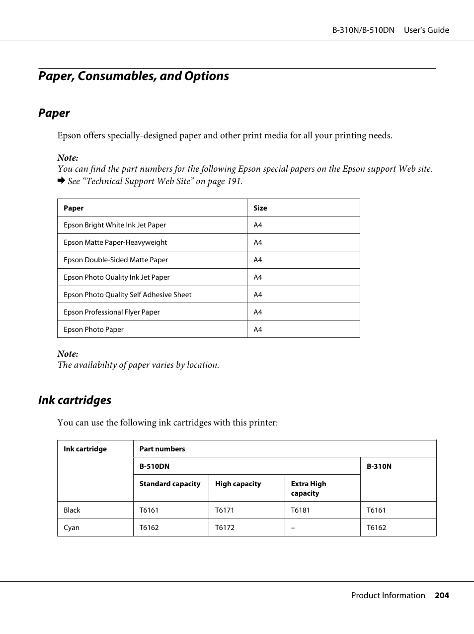 Paper, consumables, and options, Paper, Ink cartridges | Paper ink cartridges | Epson B 510DN User Manual | Page 204 / 218